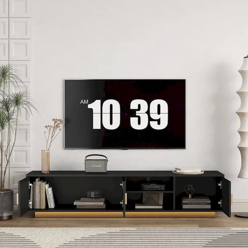 Mueble de TV negro de mediados de siglo con luces LED y almacenamiento para televisores de hasta 60 pulgadas