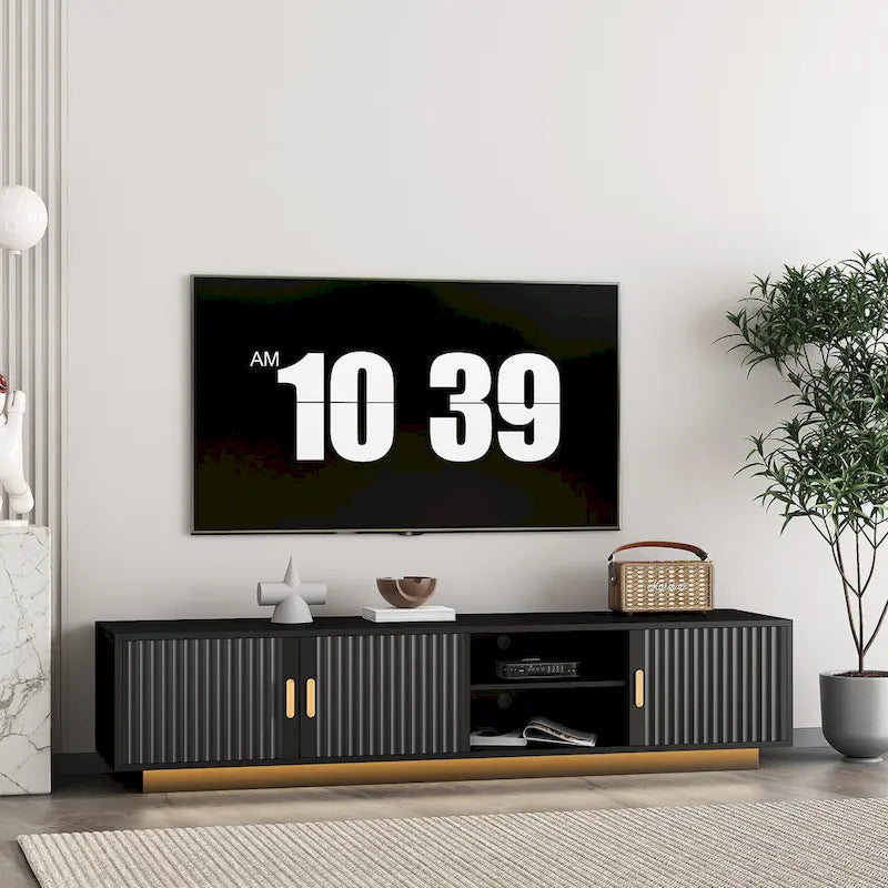 Mueble de TV negro de mediados de siglo con luces LED y almacenamiento para televisores de hasta 60 pulgadas