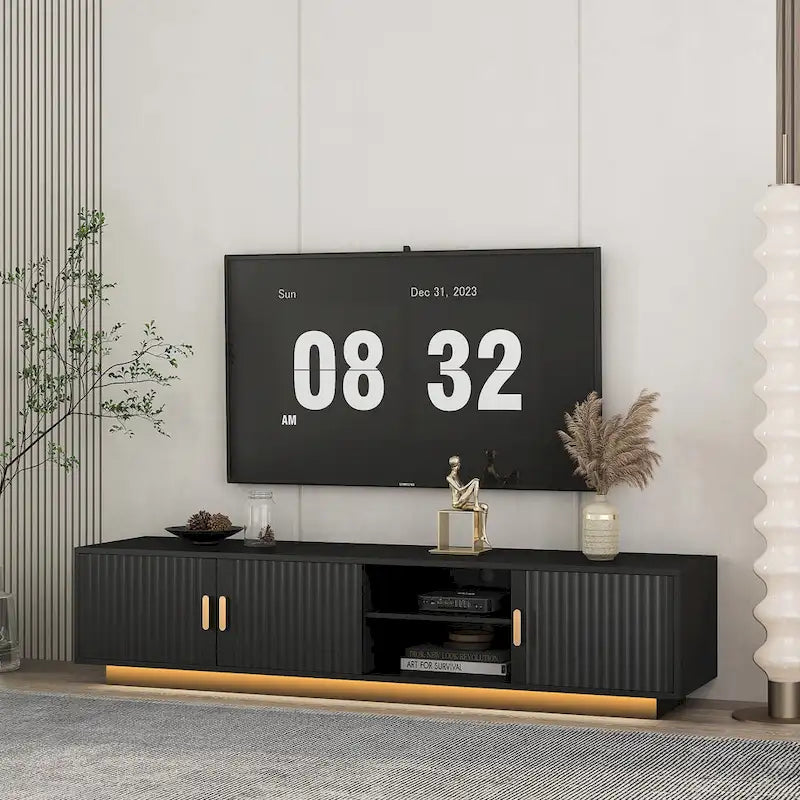 Mueble de TV negro de mediados de siglo con luces LED y almacenamiento para televisores de hasta 60 pulgadas