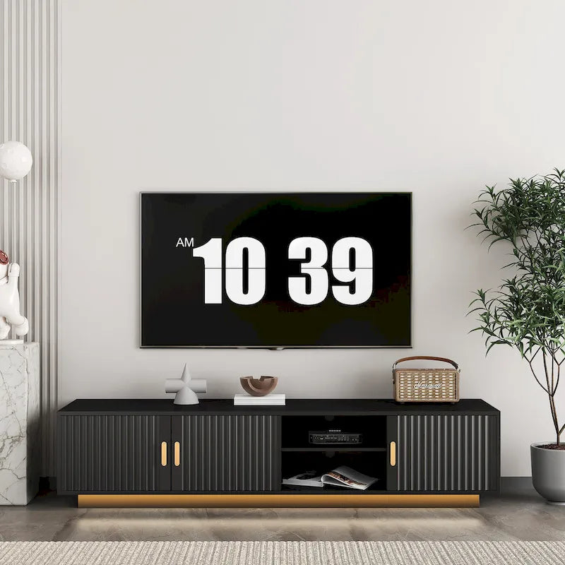 Mueble de TV negro de mediados de siglo con luces LED y almacenamiento para televisores de hasta 60 pulgadas