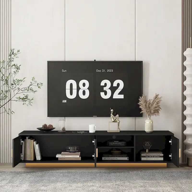 Mueble de TV negro de mediados de siglo con luces LED y almacenamiento para televisores de hasta 60 pulgadas