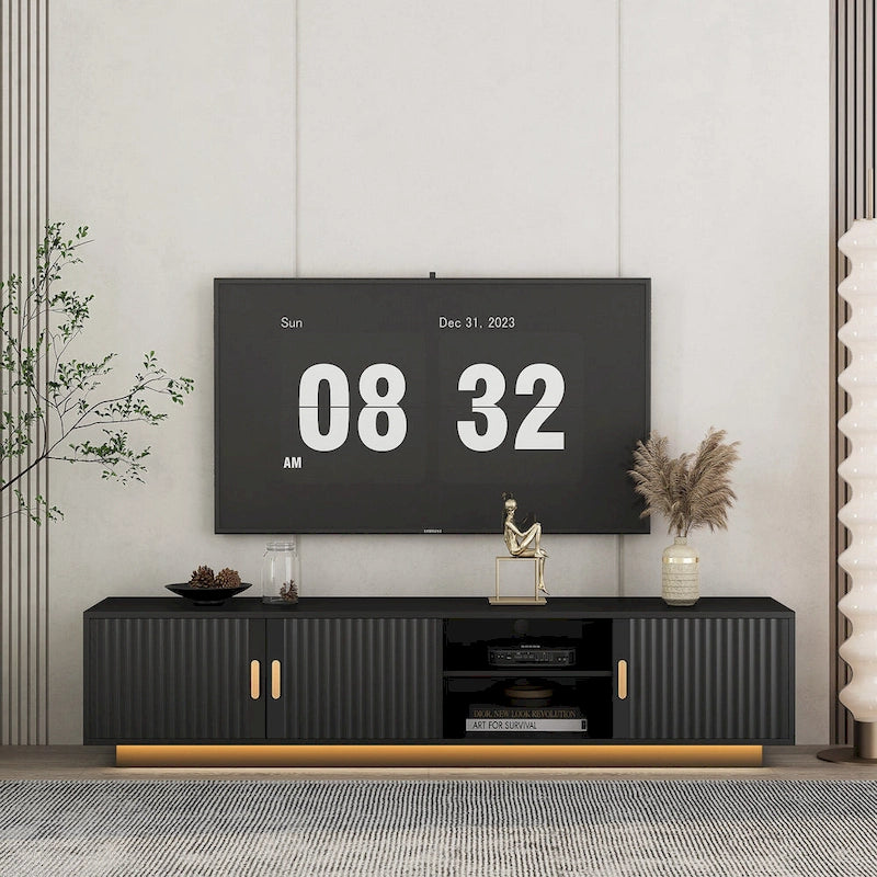 Mueble de TV negro de mediados de siglo con luces LED y almacenamiento para televisores de hasta 60 pulgadas