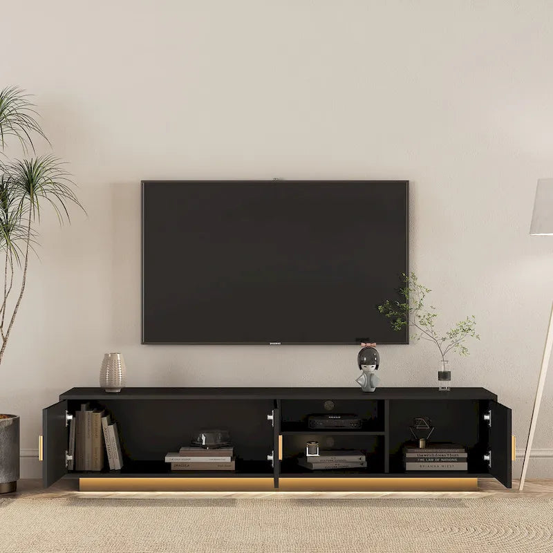 Mueble de TV negro de mediados de siglo con luces LED y almacenamiento para televisores de hasta 60 pulgadas