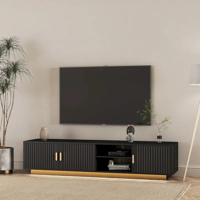 Mueble de TV negro de mediados de siglo con luces LED y almacenamiento para televisores de hasta 60 pulgadas