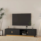 Mueble de TV negro de mediados de siglo con luces LED y almacenamiento para televisores de hasta 60 pulgadas