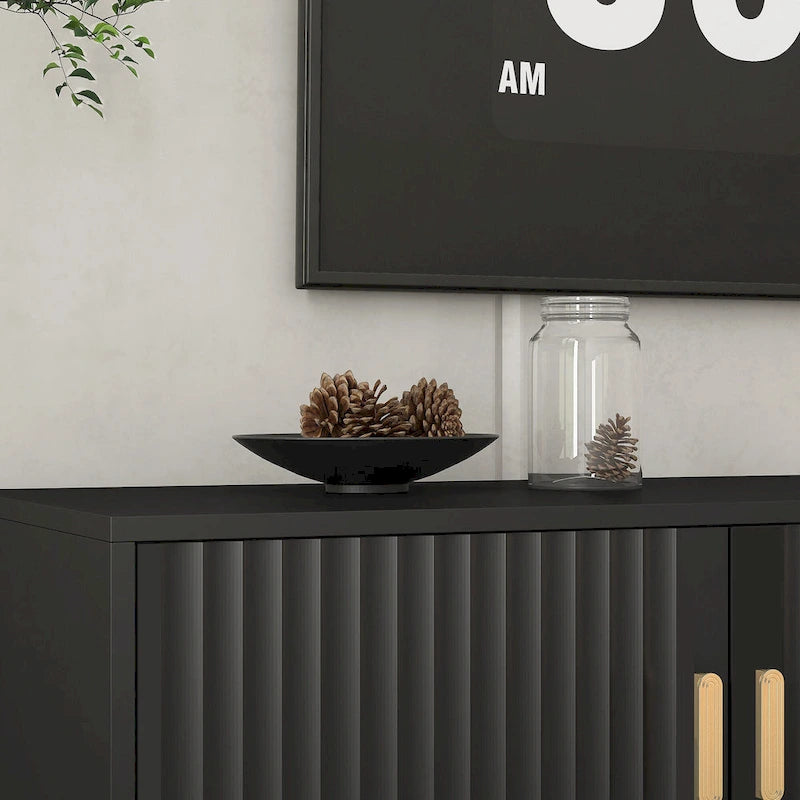 Mueble de TV negro de mediados de siglo con luces LED y almacenamiento para televisores de hasta 60 pulgadas