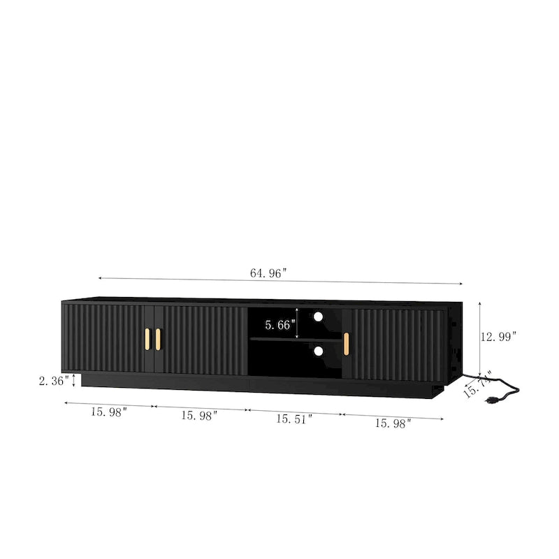 Mueble de TV negro de mediados de siglo con luces LED y almacenamiento para televisores de hasta 60 pulgadas