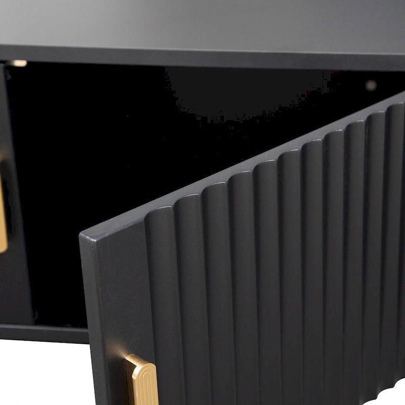Mueble de TV negro de mediados de siglo con luces LED y almacenamiento para televisores de hasta 60 pulgadas