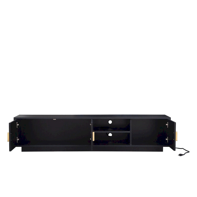 Mueble de TV negro de mediados de siglo con luces LED y almacenamiento para televisores de hasta 60 pulgadas