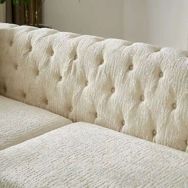Sofá Chesterfield de Chenilla con Mechones de 3 Plazas y Patas Metálicas