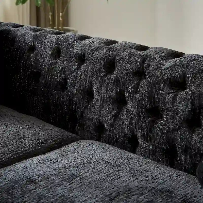 Sofá Chesterfield de Chenilla con Mechones de 3 Plazas y Patas Metálicas