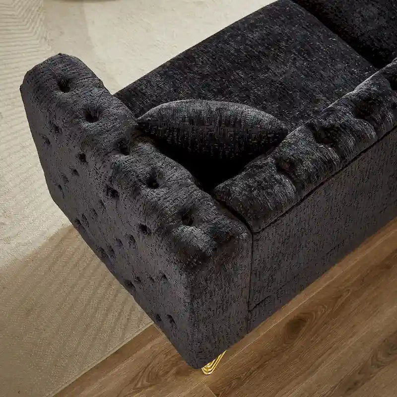 Sofá Chesterfield de Chenilla con Mechones de 3 Plazas y Patas Metálicas