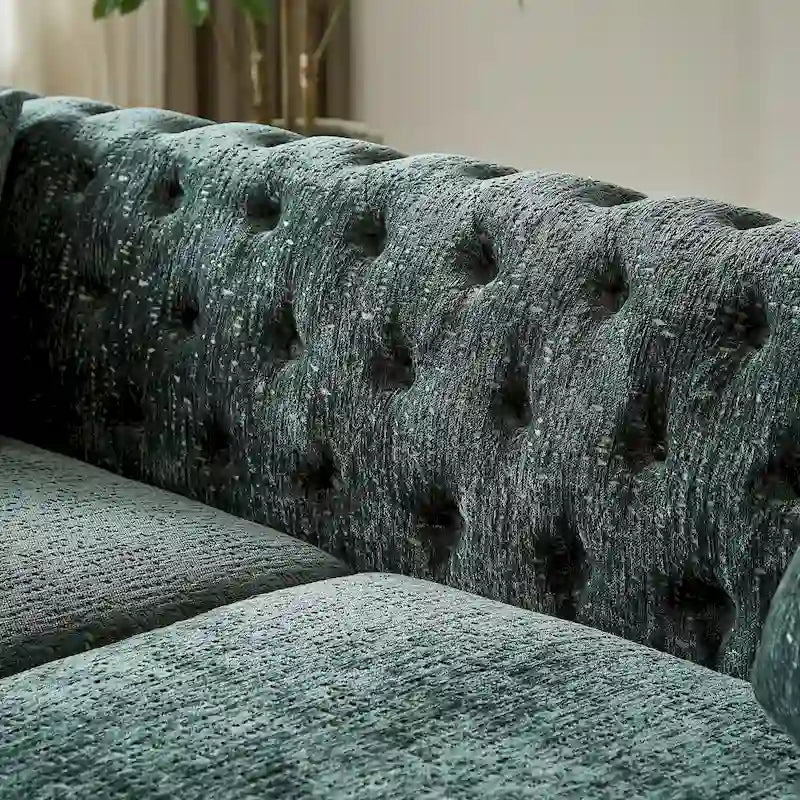 Sofá Chesterfield de Chenilla con Mechones de 3 Plazas y Patas Metálicas