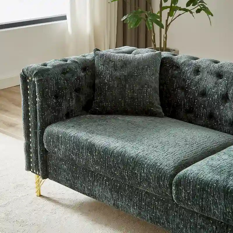 Sofá Chesterfield de Chenilla con Mechones de 3 Plazas y Patas Metálicas