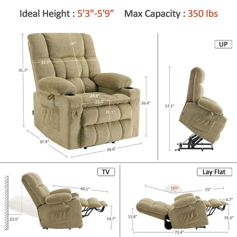 MCombo Medium Dual Motor Power Lift Recliner Chair Infinite Position, Massage and Heat, Extended Footrest, Fabric 7890