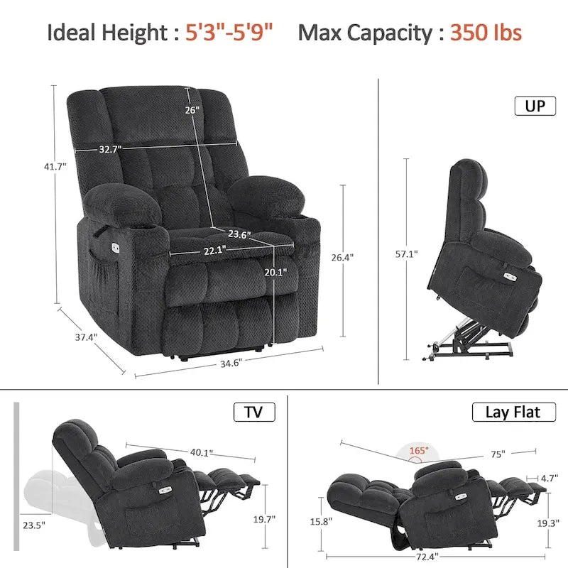 MCombo Medium Dual Motor Power Lift Recliner Chair Infinite Position, Massage and Heat, Extended Footrest, Fabric 7890