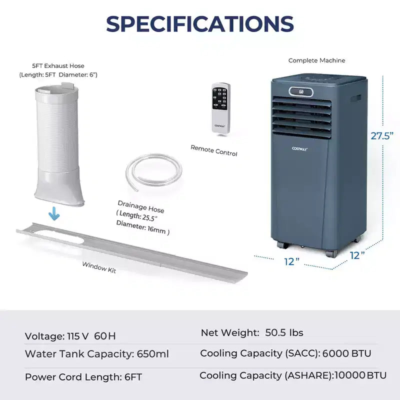 Costway 6000 BTU (10000 BTU ASHRAE) Portable Air Conditioner w/ Remote Control 3-in-1 Air Cooler w/ Drying