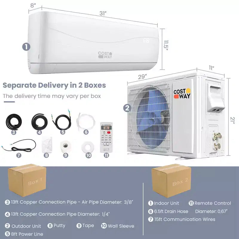 Costway 12000 BTU Mini Split Air Conditioner & Heater Ductless 17 SEER2 750 Sq. Ft
