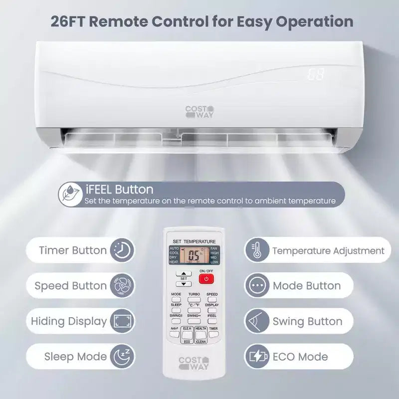 Costway 12000 BTU Mini Split Air Conditioner &Heater 20 SEER2 115 V Wall-Mounted AC Unit