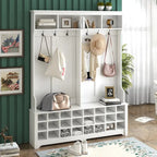 Perchero de Pasillo con Banco, Árbol de Entrada de 60 Pulgadas de Ancho con Estantes de Almacenamiento, 24 Compartimentos para Zapatos y 6 Ganchos, Blanco