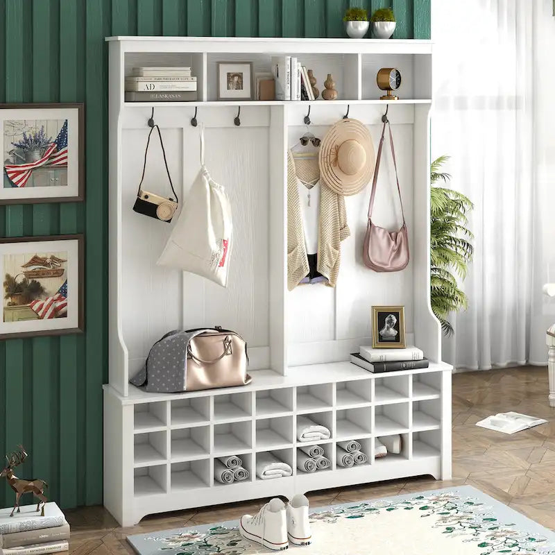 Perchero de Pasillo con Banco, Árbol de Entrada de 60 Pulgadas de Ancho con Estantes de Almacenamiento, 24 Compartimentos para Zapatos y 6 Ganchos, Blanco