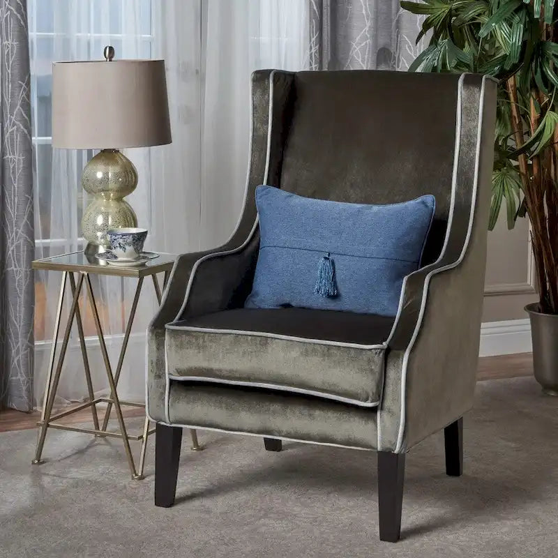 Sillón club de terciopelo bicolor con patas de madera de caucho