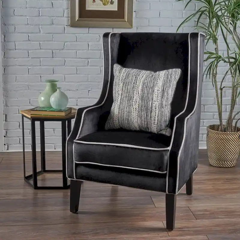 Sillón club de terciopelo bicolor con patas de madera de caucho