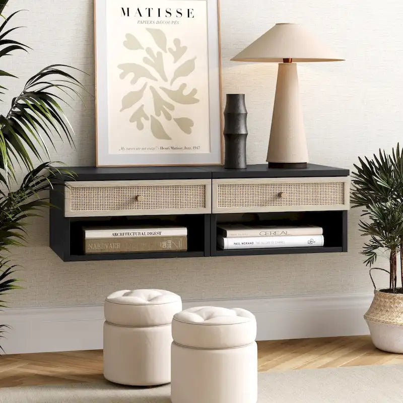 Table de chevet flottante moderne Nathan James Jackson avec tiroir de rangement et compartiment ouvert