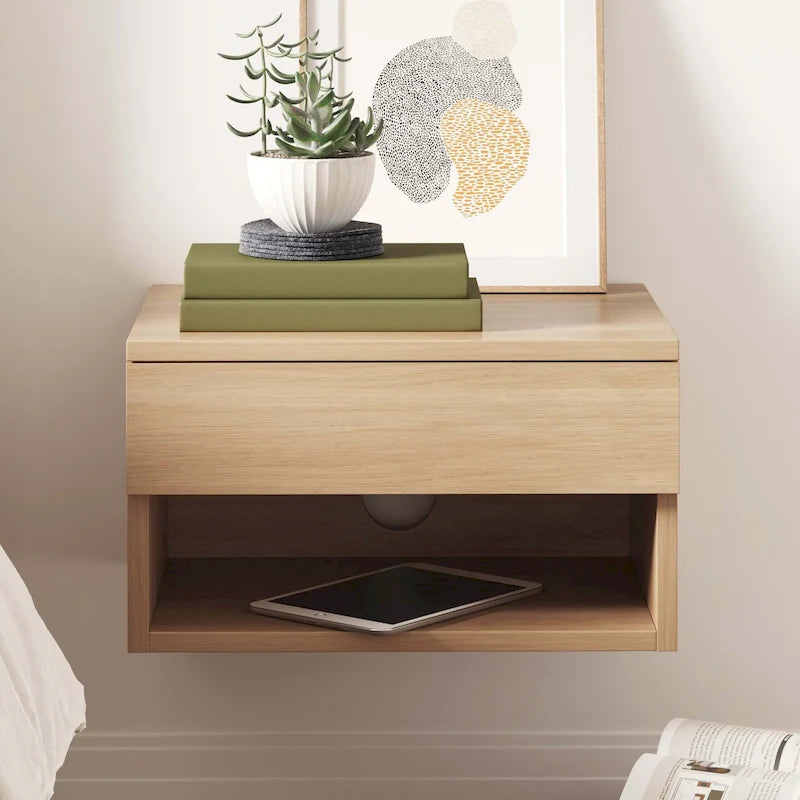 Table de chevet flottante moderne Nathan James Jackson avec tiroir de rangement et compartiment ouvert