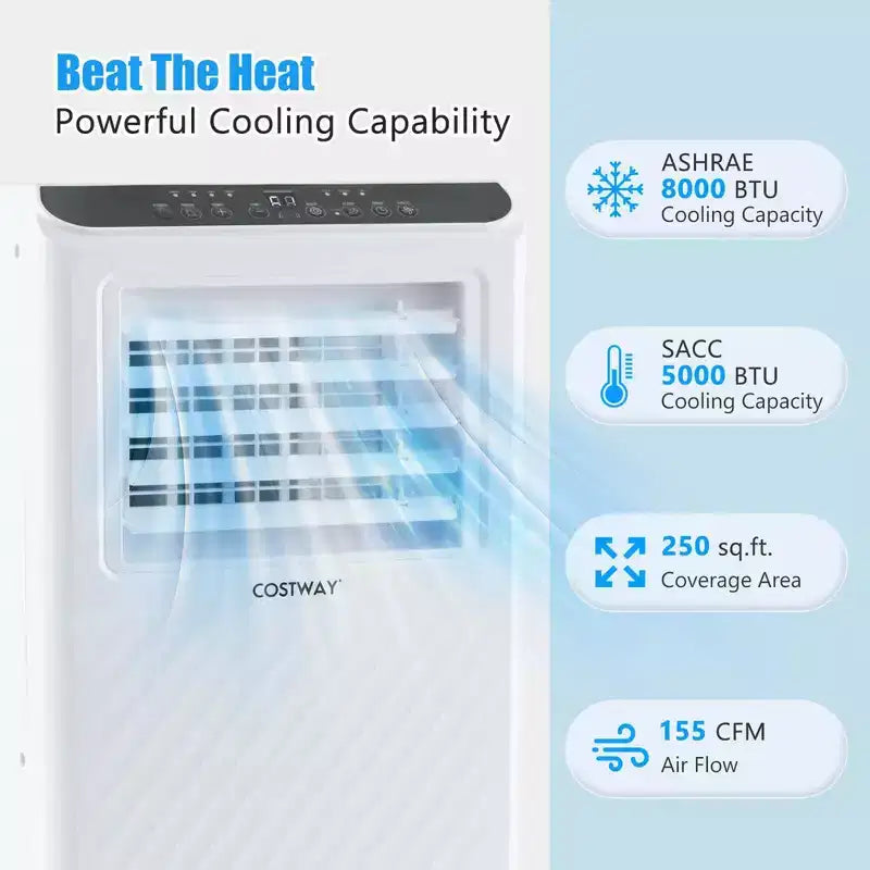 Climatiseur portable Costway 8000 BTU 3-en-1 Refroidisseur d'air Déshumidificateur Ventilateur Minuteur 24H 5000 BTU (8000 BTU ASHRAE)