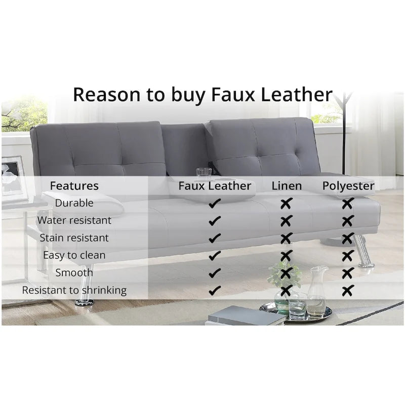 Futon Sofa Bed Couch with Armrest & Cupholders, Faux Leather Sofa Bed Couch Convertible Folding Reclining Small Couch