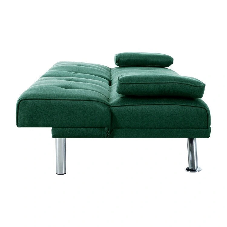 Futon Sofa Bed Couch with Armrest & Cupholders, Faux Leather Sofa Bed Couch Convertible Folding Reclining Small Couch