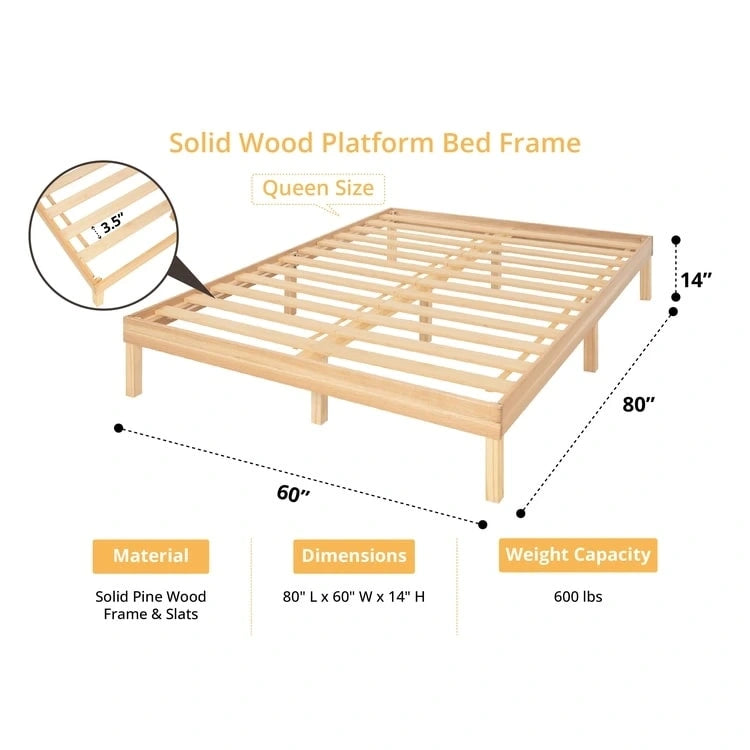 14 Inch Solid Pine Wood Platform Bed Frame No Squeak Bed Frame with Wooden Slats No Box Spring Needed
