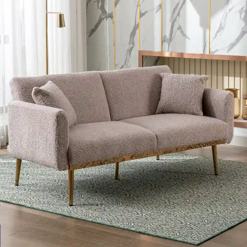 Teddy Fabric Upholstered Tufted Loveseats Sleeper Sofa With Rose Golden Legs