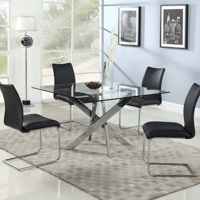 Mesa de comedor cuadrada de cristal con base cromada