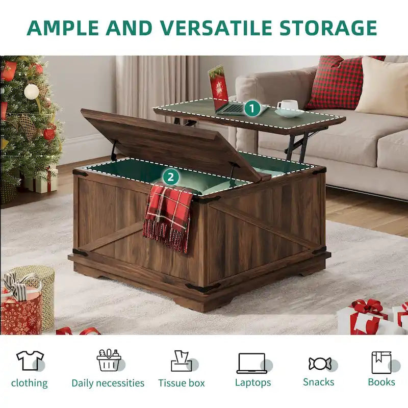 Table basse carrée à plateau relevable Moasis Farmhouse avec rangement