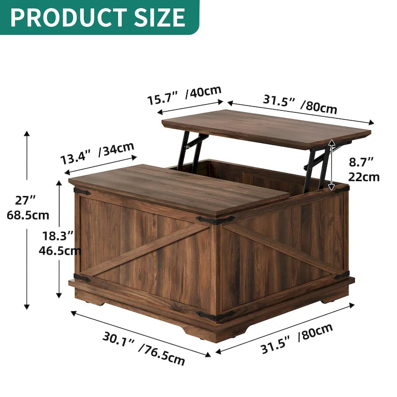 Table basse carrée à plateau relevable Moasis Farmhouse avec rangement