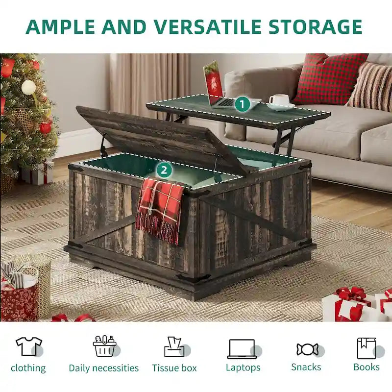 Table basse carrée à plateau relevable Moasis Farmhouse avec rangement