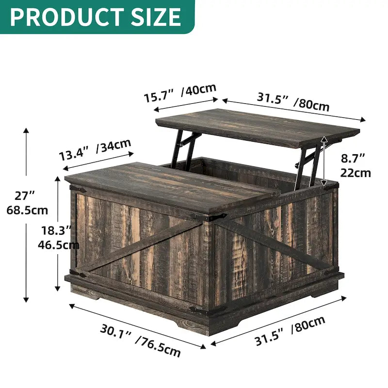 Table basse carrée à plateau relevable Moasis Farmhouse avec rangement