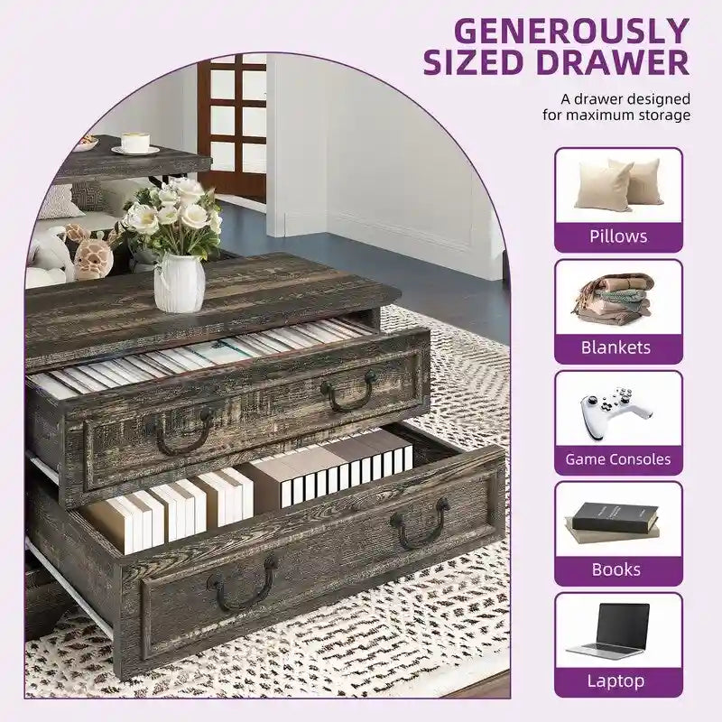 Table basse carrée à plateau relevable Moasis Farmhouse avec rangement