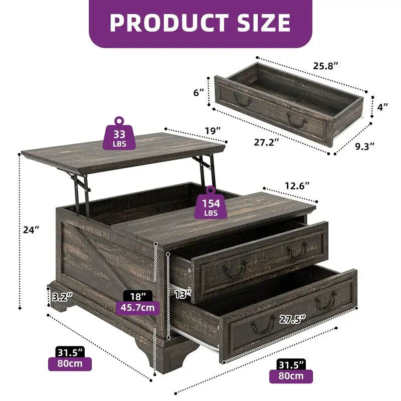 Table basse carrée à plateau relevable Moasis Farmhouse avec rangement