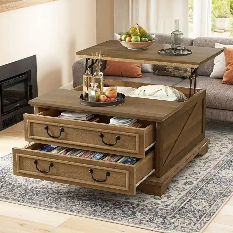 Table basse carrée à plateau relevable Moasis Farmhouse avec rangement