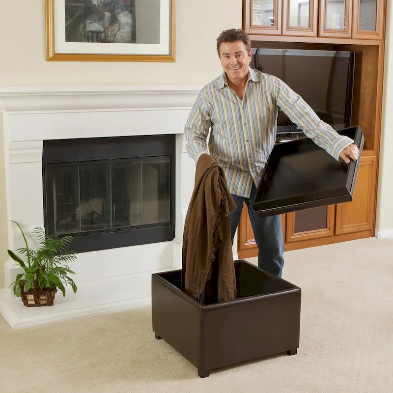 Puf de almacenamiento con tapa tipo bandeja, de piel regenerada marrón