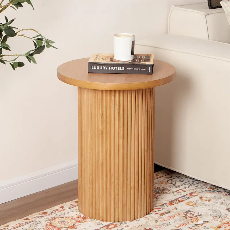 Round Wood End Table Fluted Pedestal Side Table
