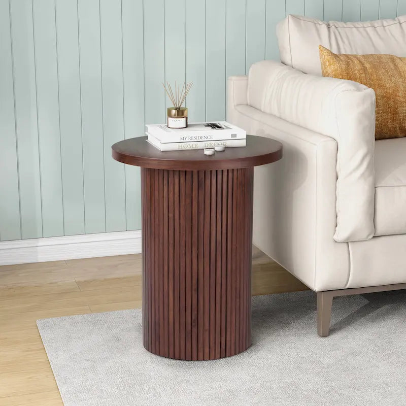 Round Wood End Table Fluted Pedestal Side Table