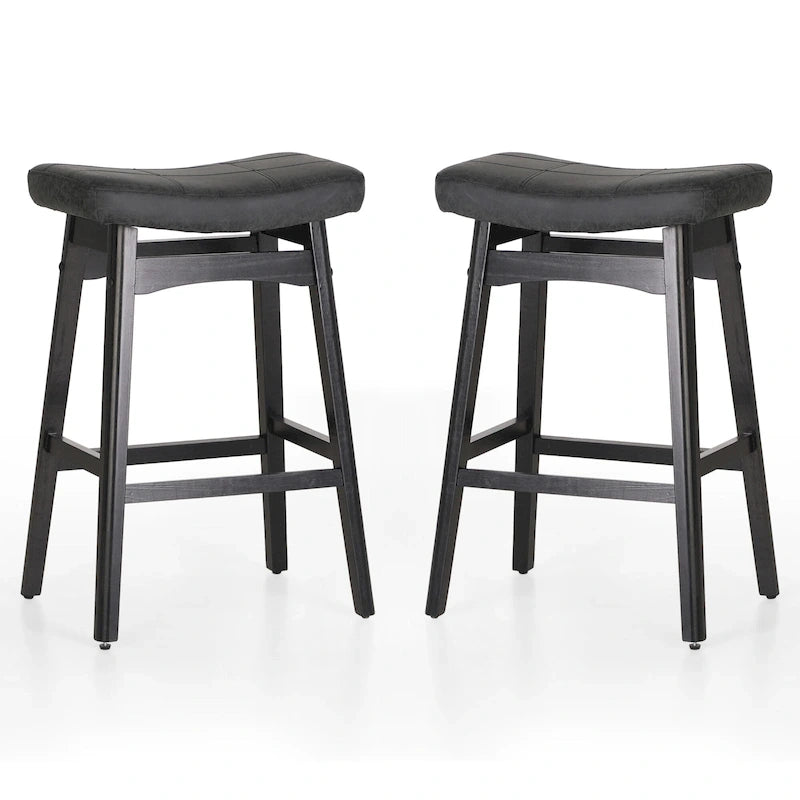 24 Inch Solid Wood Barstools with Linen / PU Leather Fabric Cushion, Set of 2