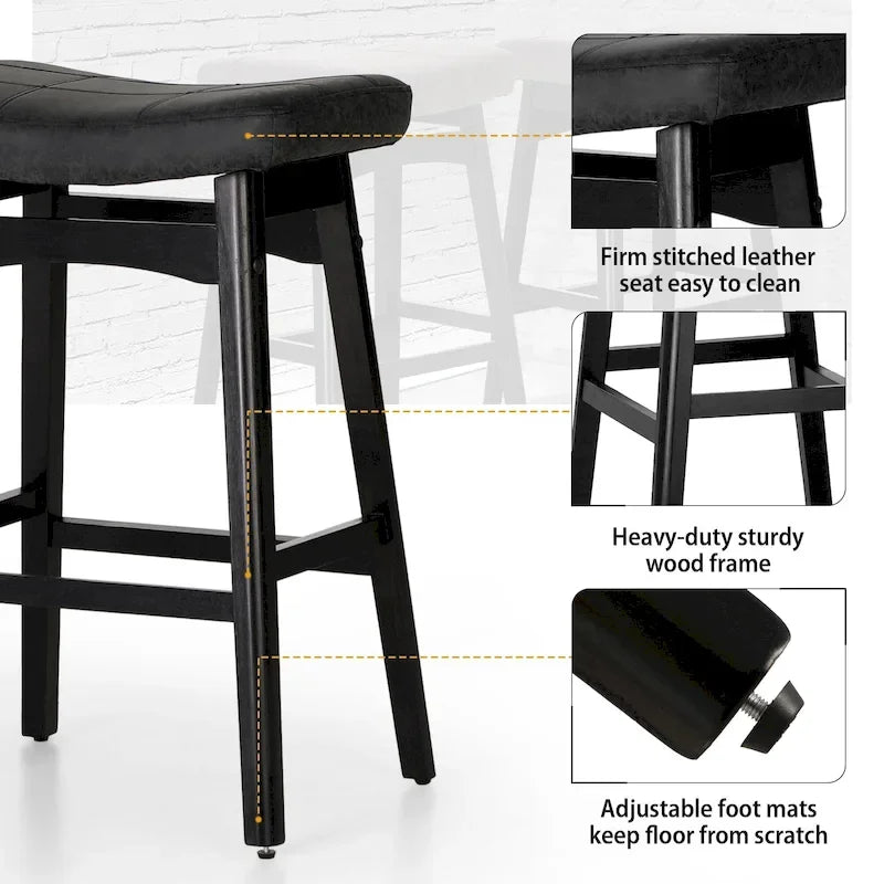 24 Inch Solid Wood Barstools with Linen / PU Leather Fabric Cushion, Set of 2