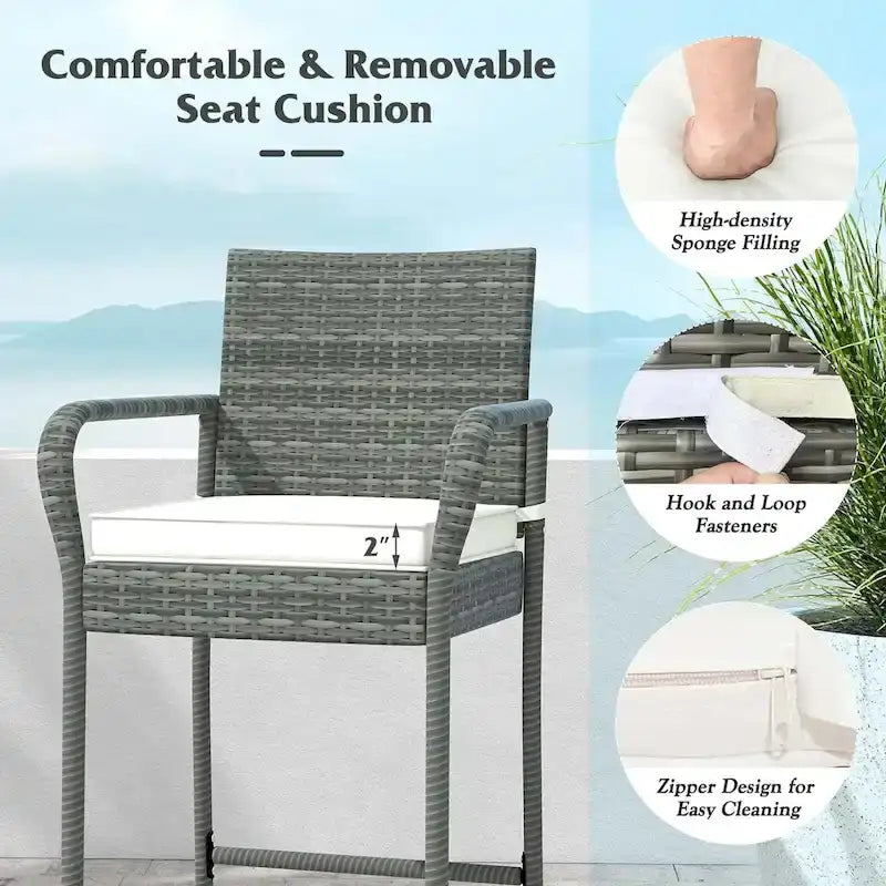 Lot de 2/4 chaises de bar d'extérieur en rotin avec coussins d'assise