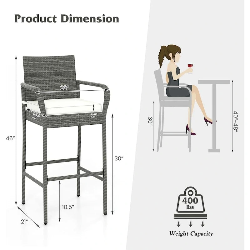Lot de 2/4 chaises de bar d'extérieur en rotin avec coussins d'assise
