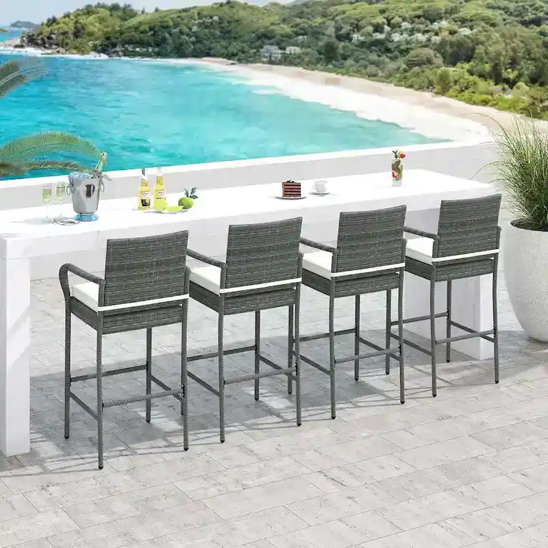 Lot de 2/4 chaises de bar d'extérieur en rotin avec coussins d'assise